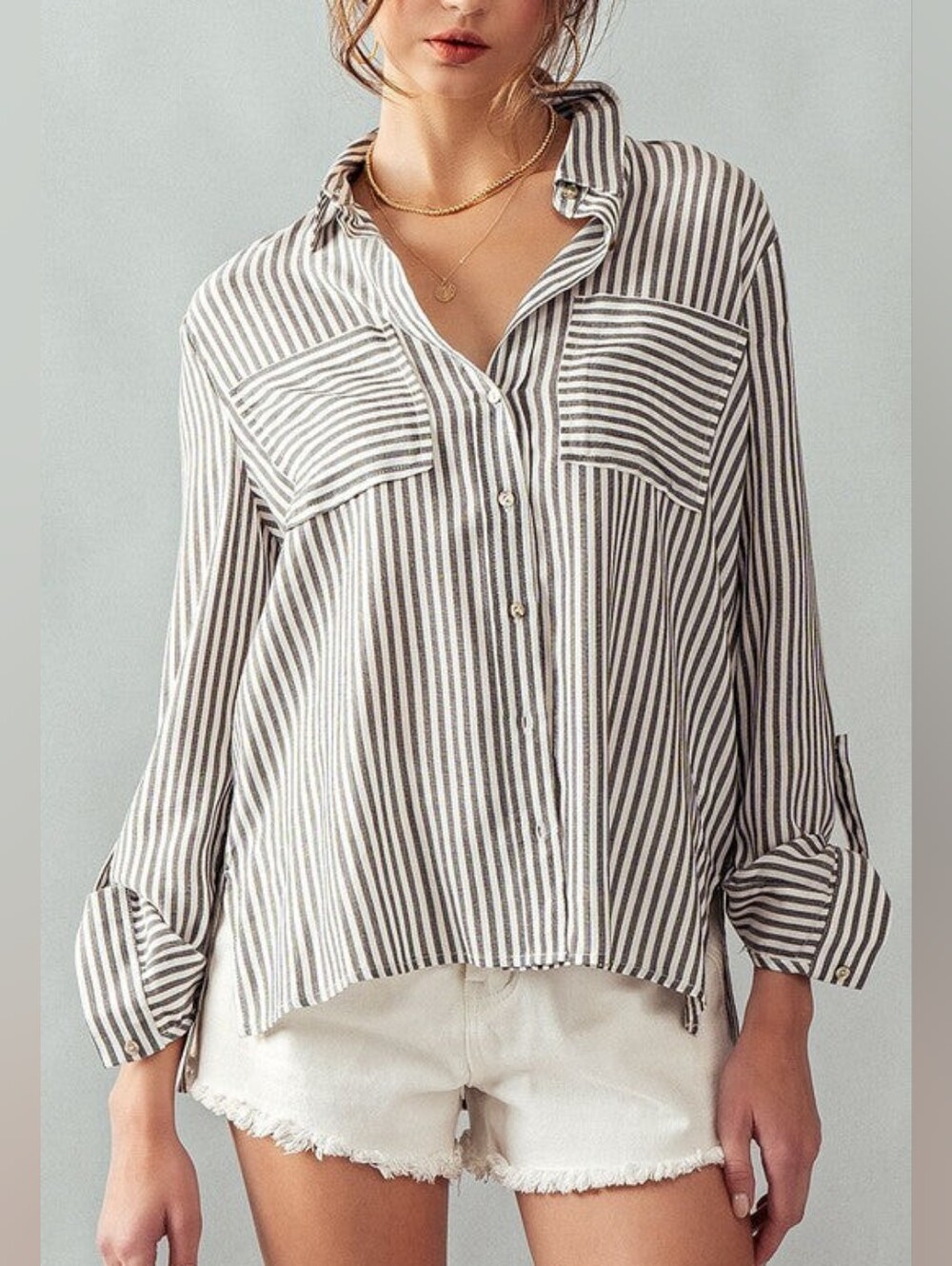 JAPNA Striped Button-Front Relaxed Shirt - Taupe & White